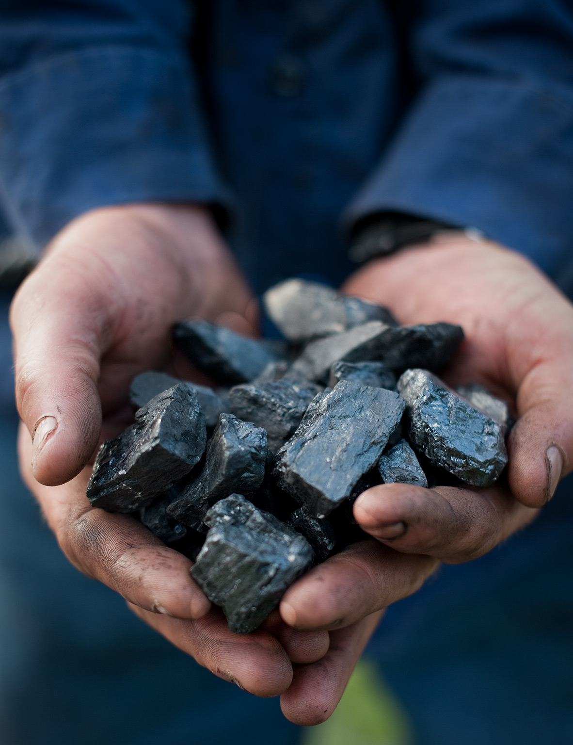 Hands of a Virginia Coal miner holding a handful of Virginia coal