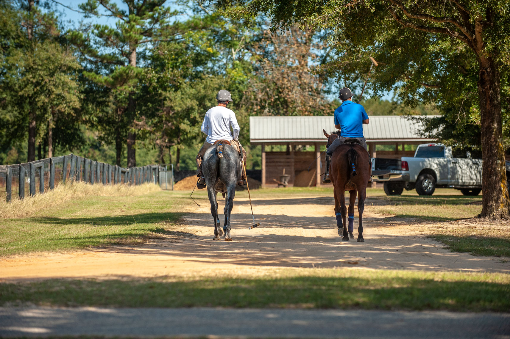 Ten Goal American Polo player Adam Snow and a friend head back to the barn after playing polo.